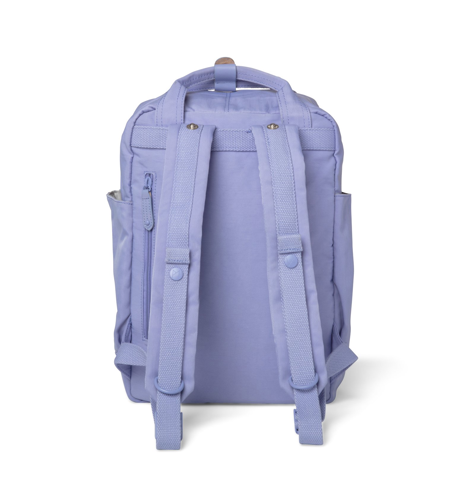 Cama (M) Lavender backpack featuring oversized square shape, water-repellent nylon, and leather accents.