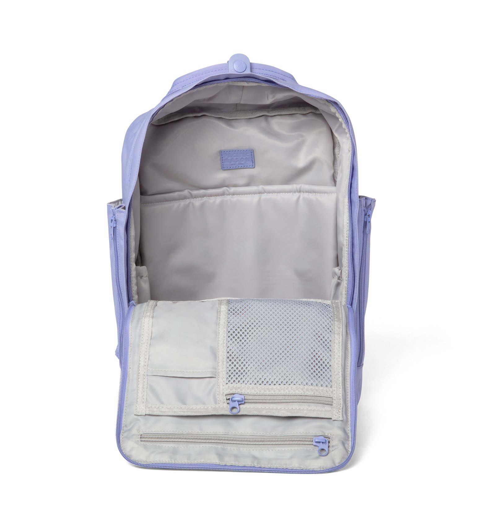 Cama (M) Lavender backpack featuring oversized square shape, water-repellent nylon, and leather accents.