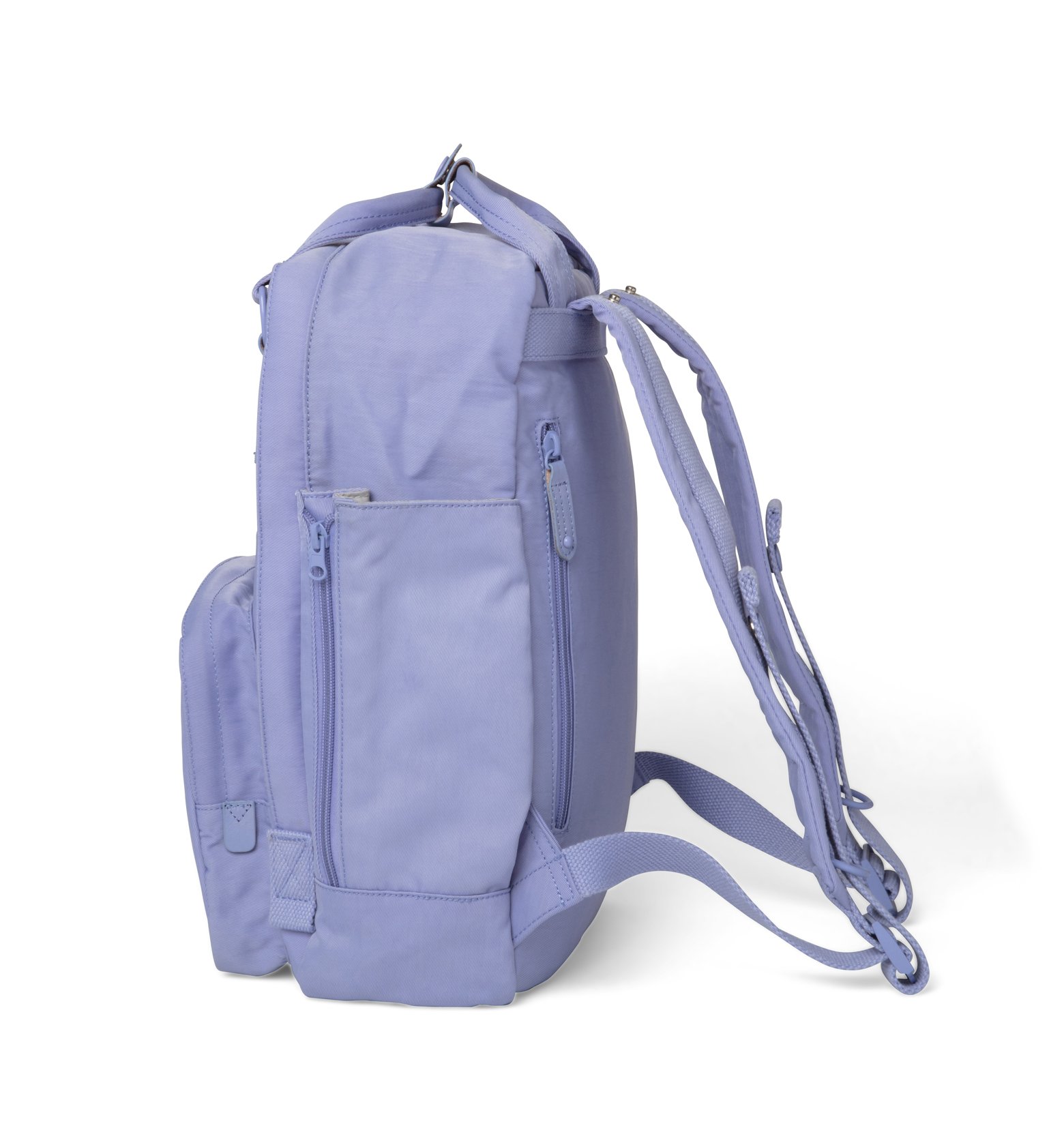 Cama (M) Lavender backpack featuring oversized square shape, water-repellent nylon, and leather accents.