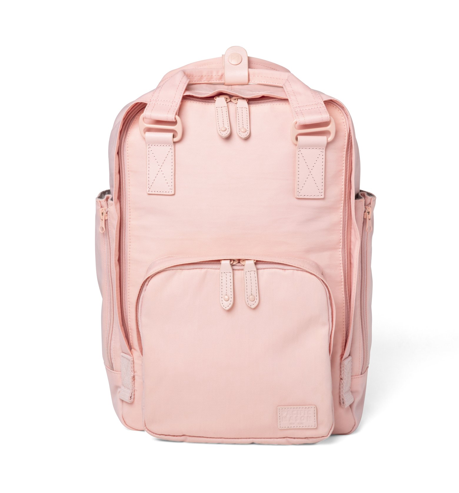 Cama (M) Pale Pink backpack featuring oversized square shape, water-repellent nylon, and genuine leather accents.