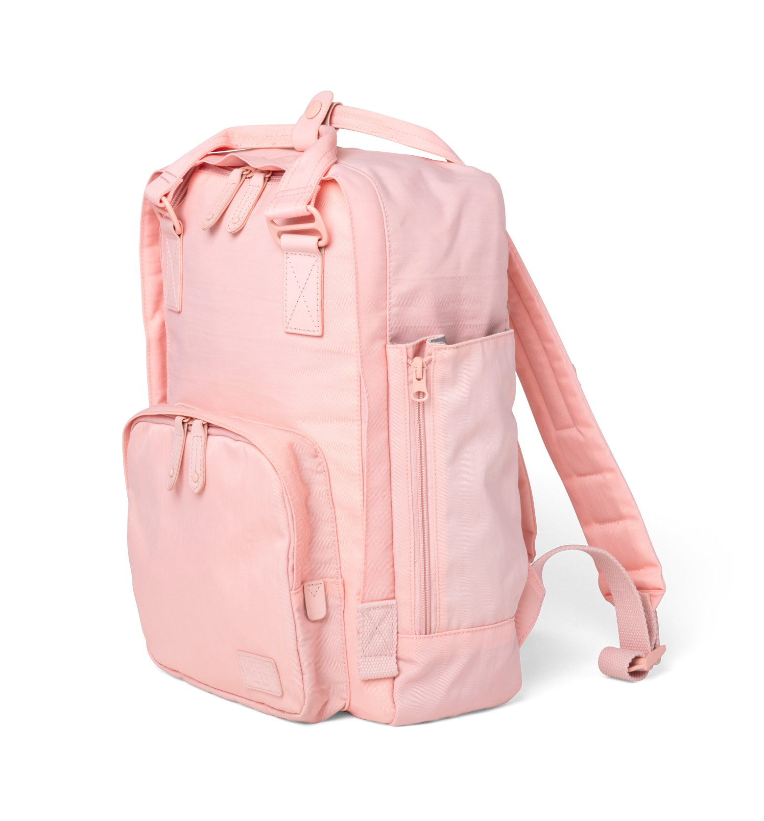 Cama (M) Pale Pink backpack featuring oversized square shape, water-repellent nylon, and genuine leather accents.