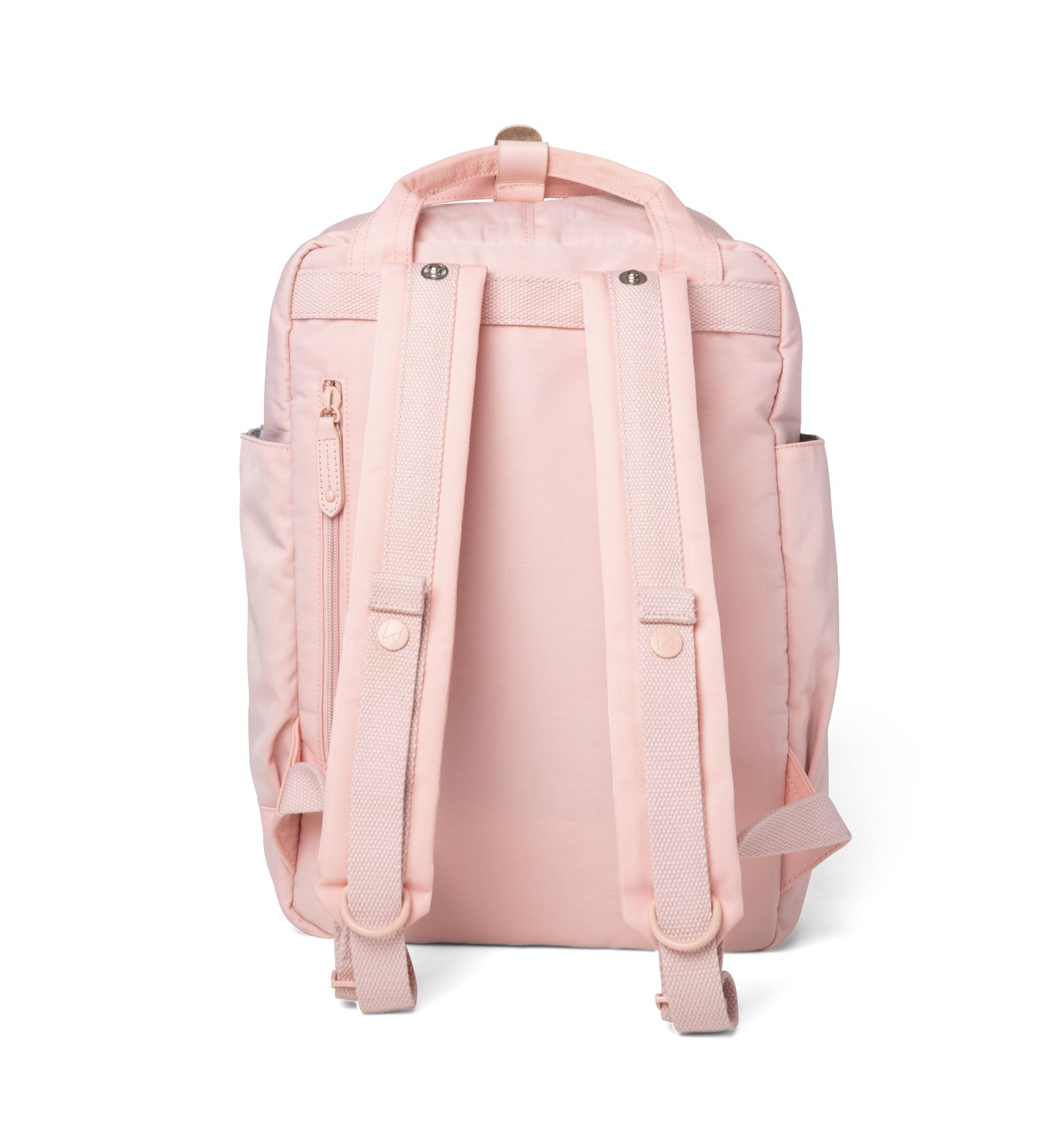 Cama (M) Pale Pink backpack featuring oversized square shape, water-repellent nylon, and genuine leather accents.