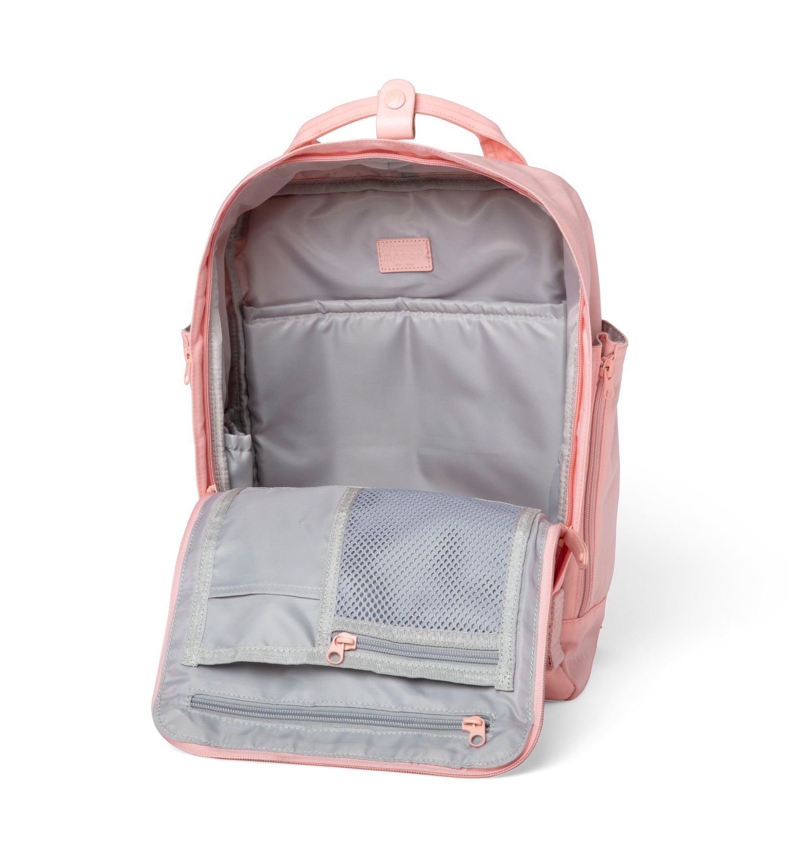 Cama (M) Pale Pink backpack featuring oversized square shape, water-repellent nylon, and genuine leather accents.