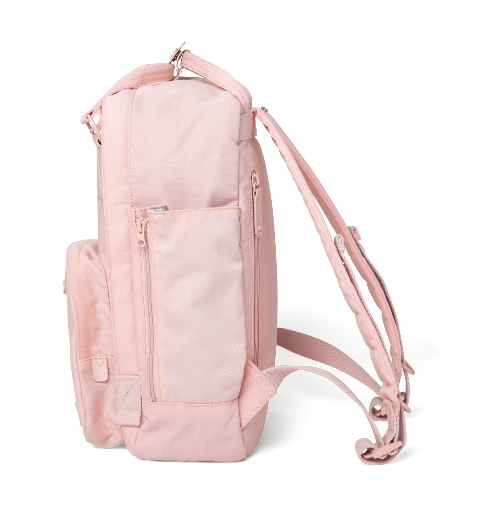 Cama (M) Pale Pink backpack featuring oversized square shape, water-repellent nylon, and genuine leather accents.