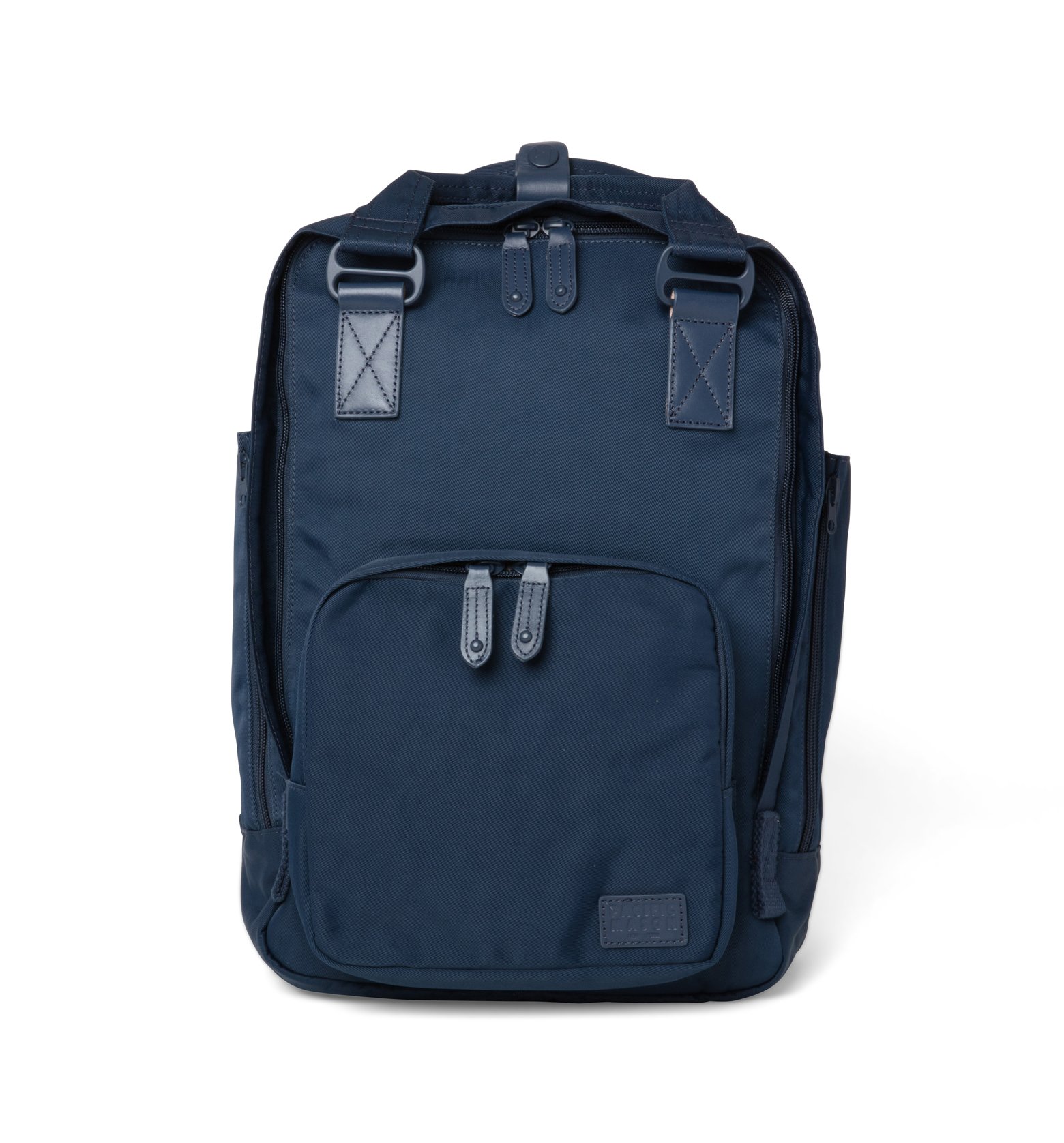 Cama (M) Prussian Blue backpack featuring oversized square shape, water-repellent nylon, and leather accents.