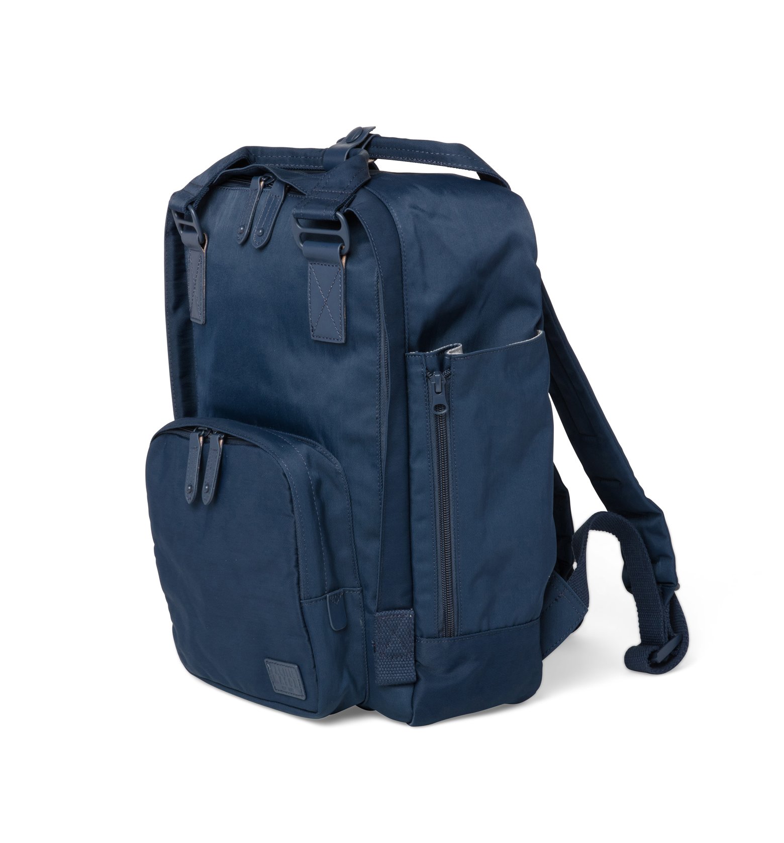 Cama (M) Prussian Blue backpack featuring oversized square shape, water-repellent nylon, and leather accents.