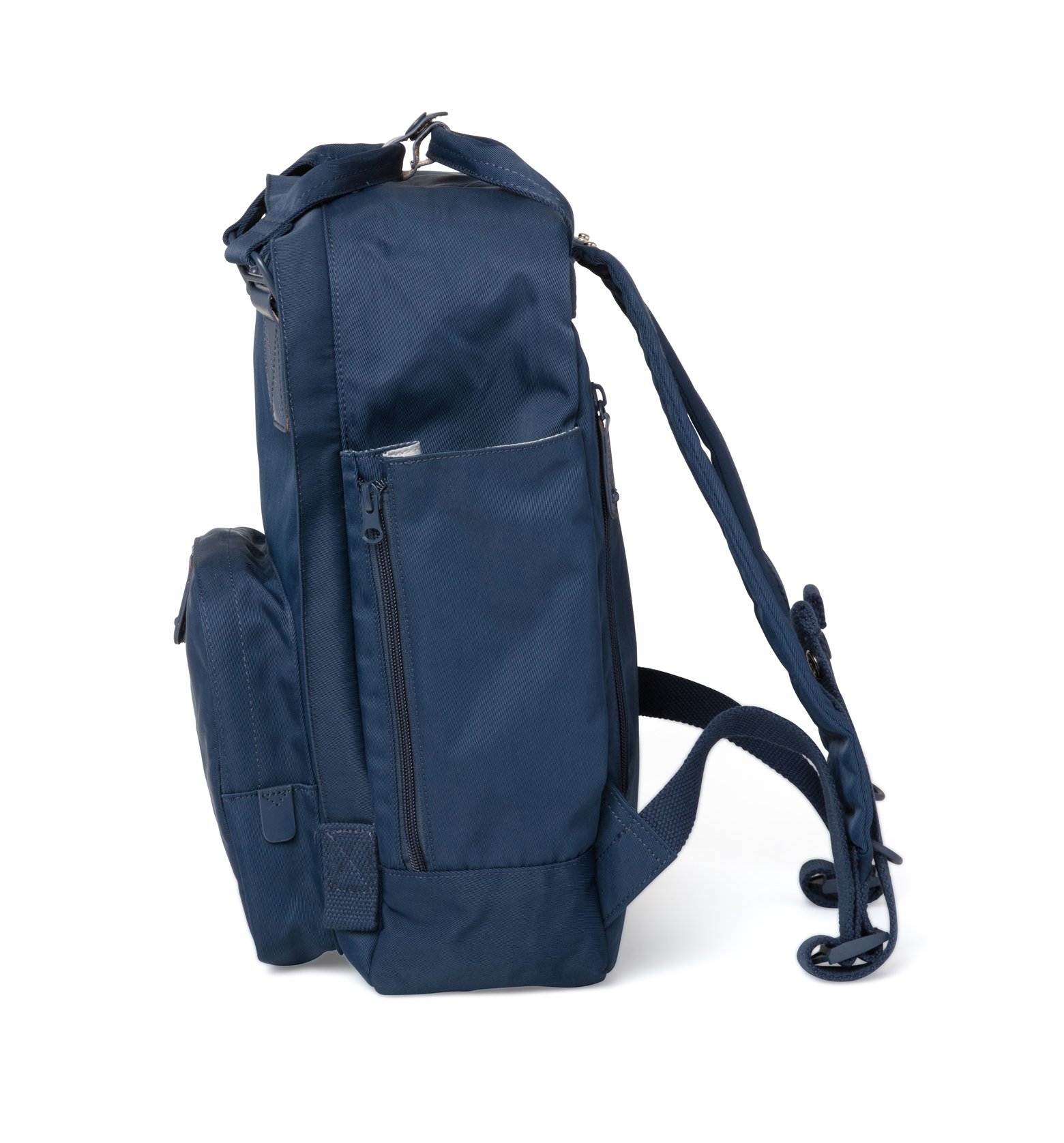 Cama (M) Prussian Blue backpack featuring oversized square shape, water-repellent nylon, and leather accents.