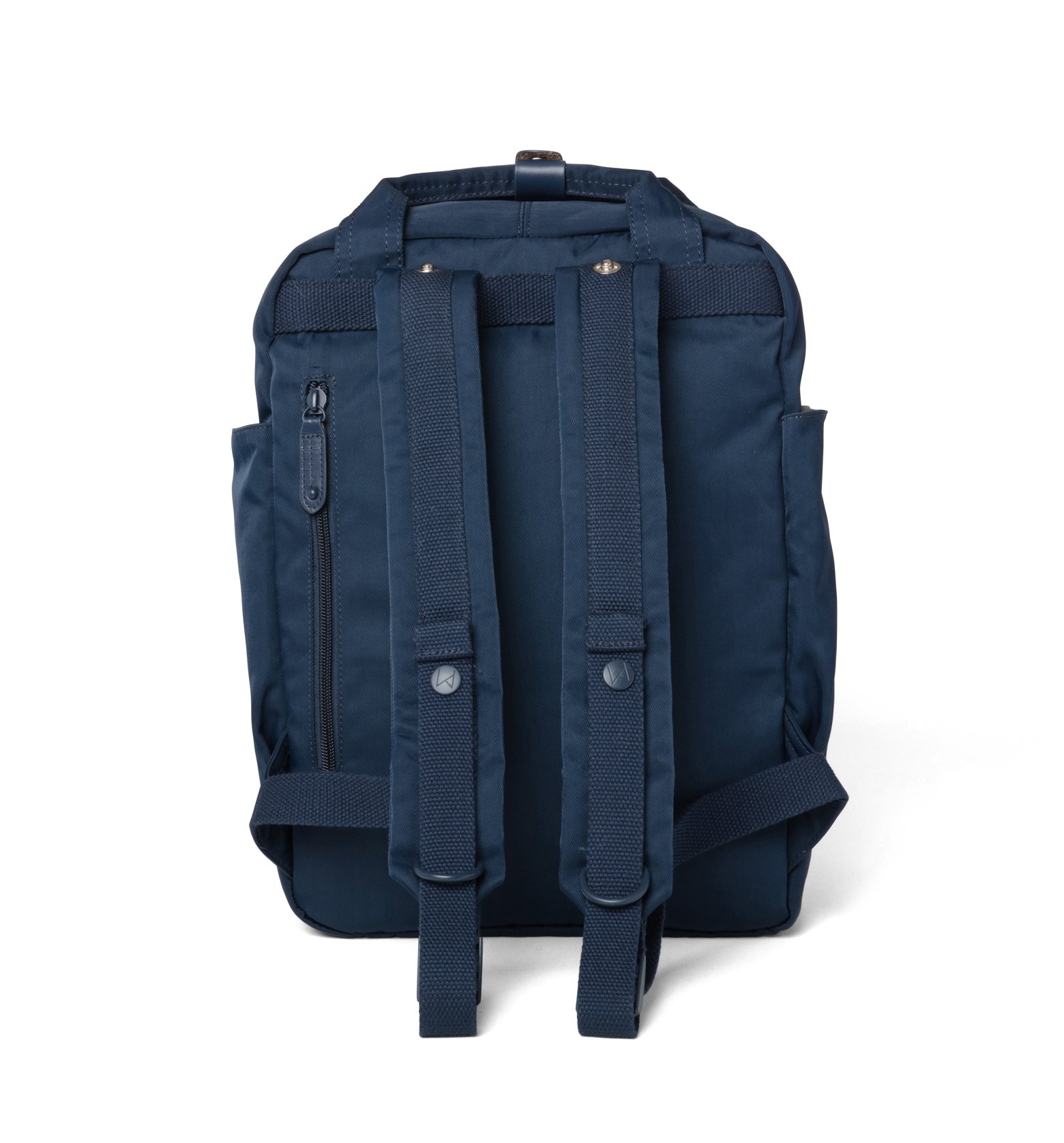 Cama (M) Prussian Blue backpack featuring oversized square shape, water-repellent nylon, and leather accents.