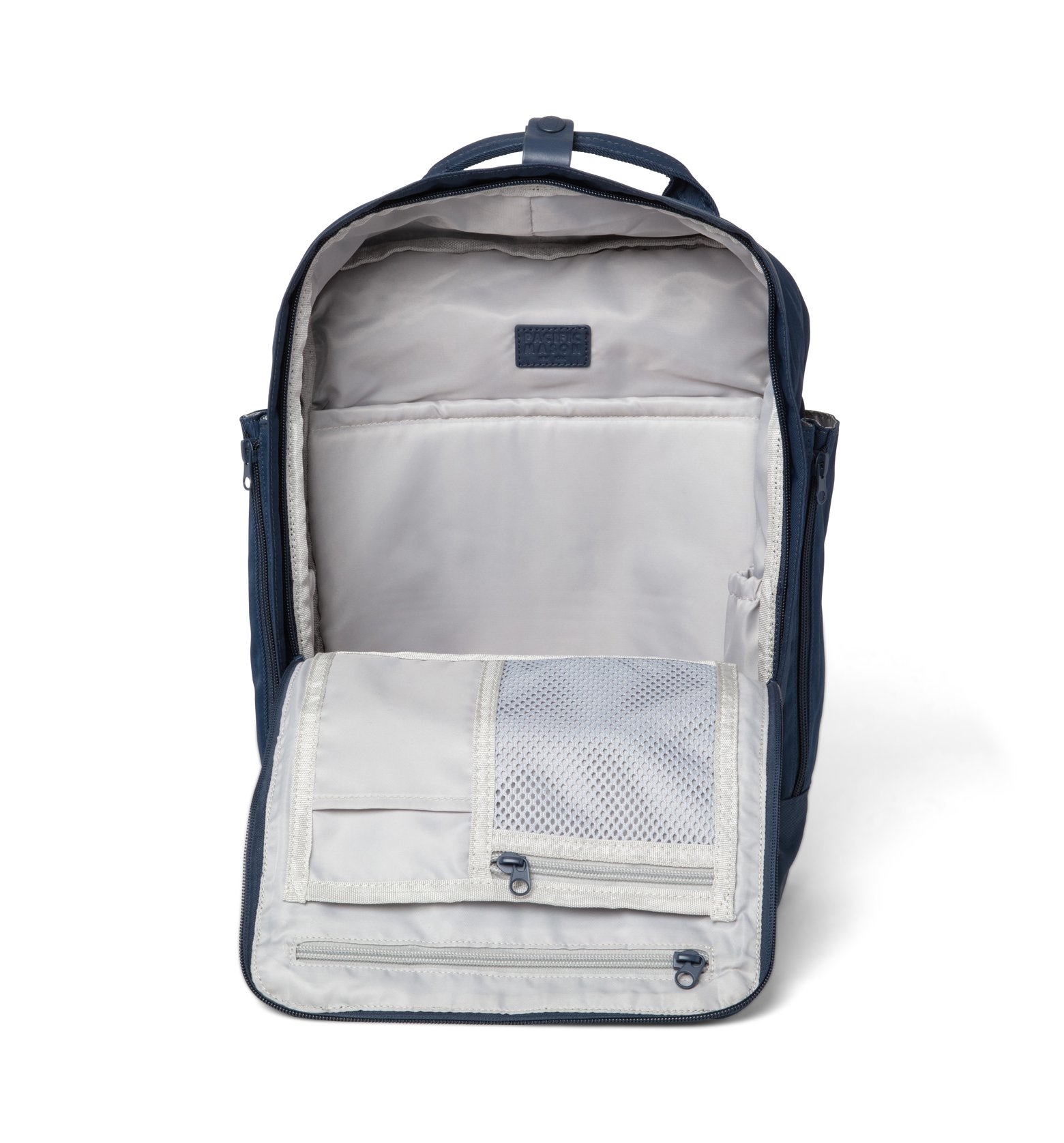 Cama (M) Prussian Blue backpack featuring oversized square shape, water-repellent nylon, and leather accents.