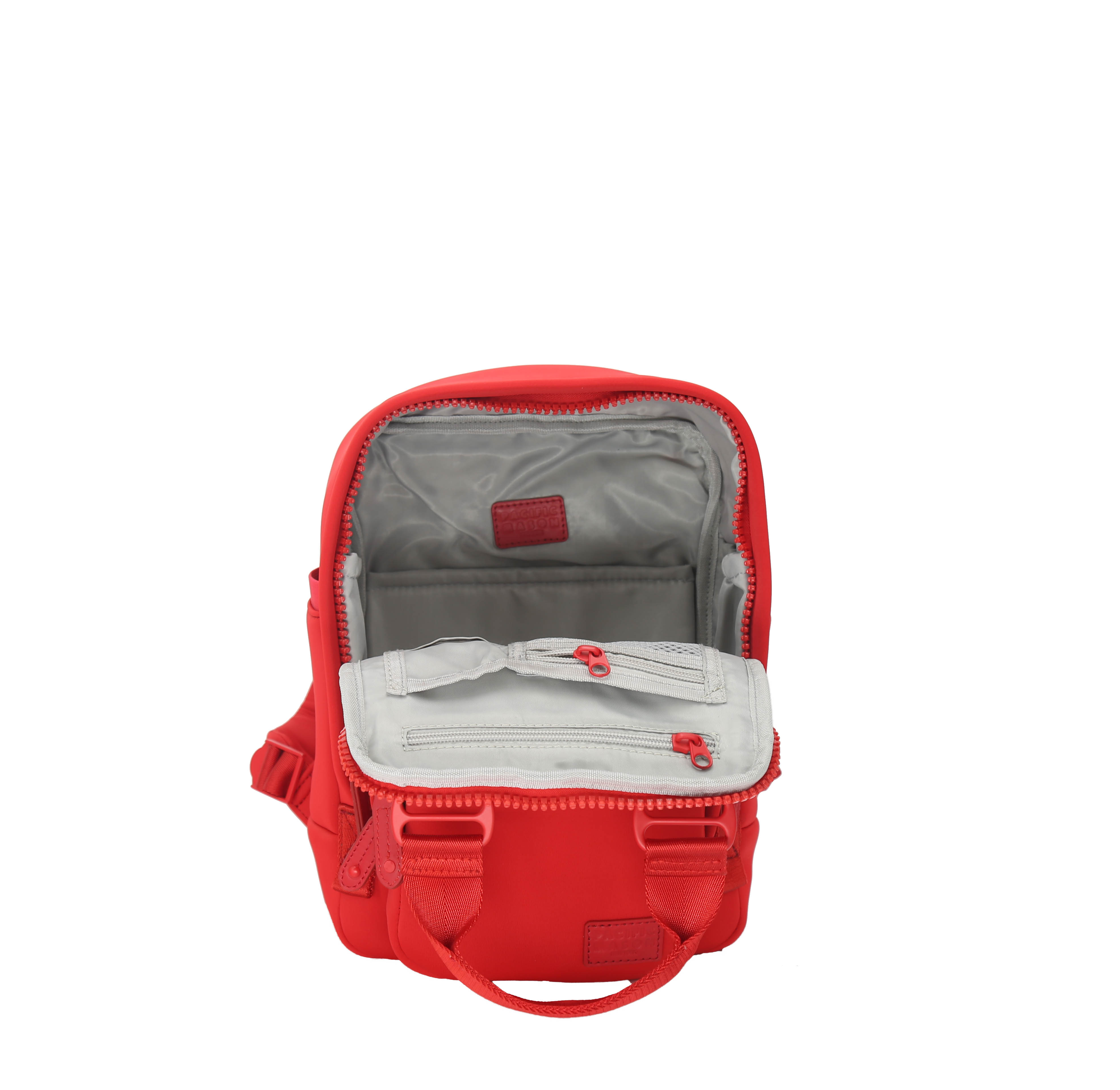 Cama Small Neoprene ELITE Cherry Tomato backpack showcasing its vibrant color and stylish design with multiple pockets.