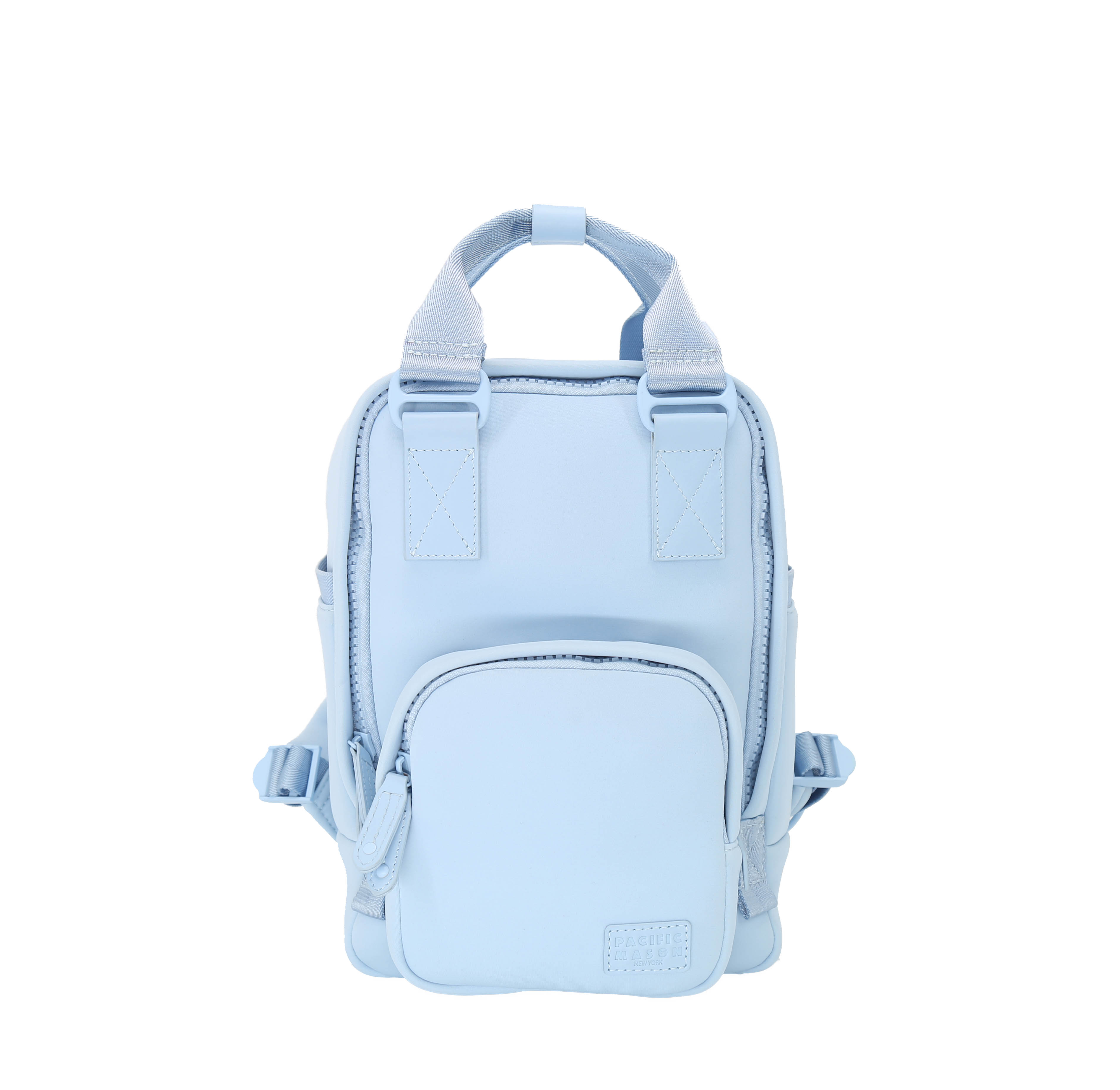 Cama Small Neoprene ELITE backpack in Powder Blue with leather details, showcasing its stylish design and organizational features.