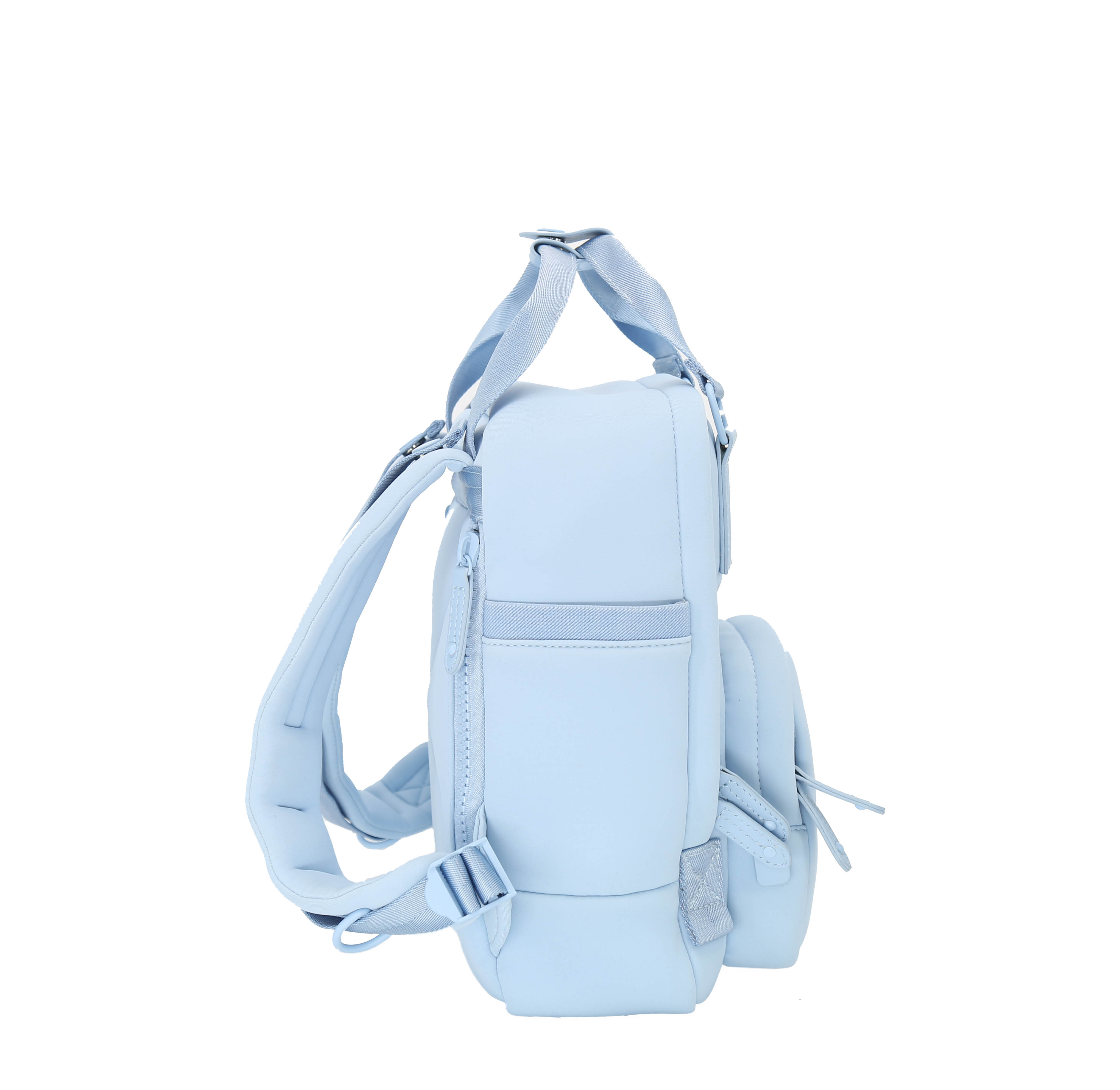 Cama Small Neoprene ELITE backpack in Powder Blue with leather details, showcasing its stylish design and organizational features.