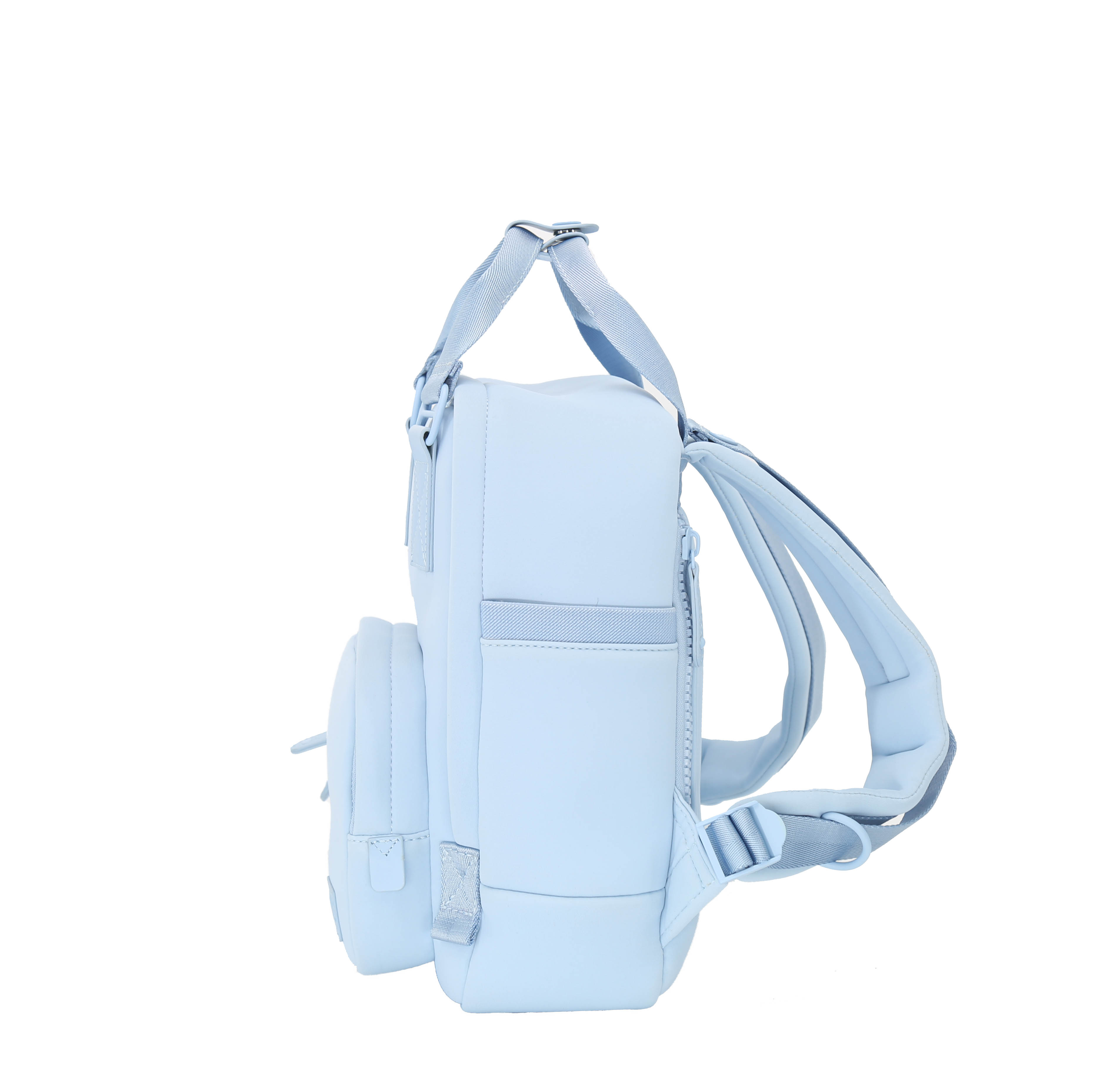 Cama Small Neoprene ELITE backpack in Powder Blue with leather details, showcasing its stylish design and organizational features.