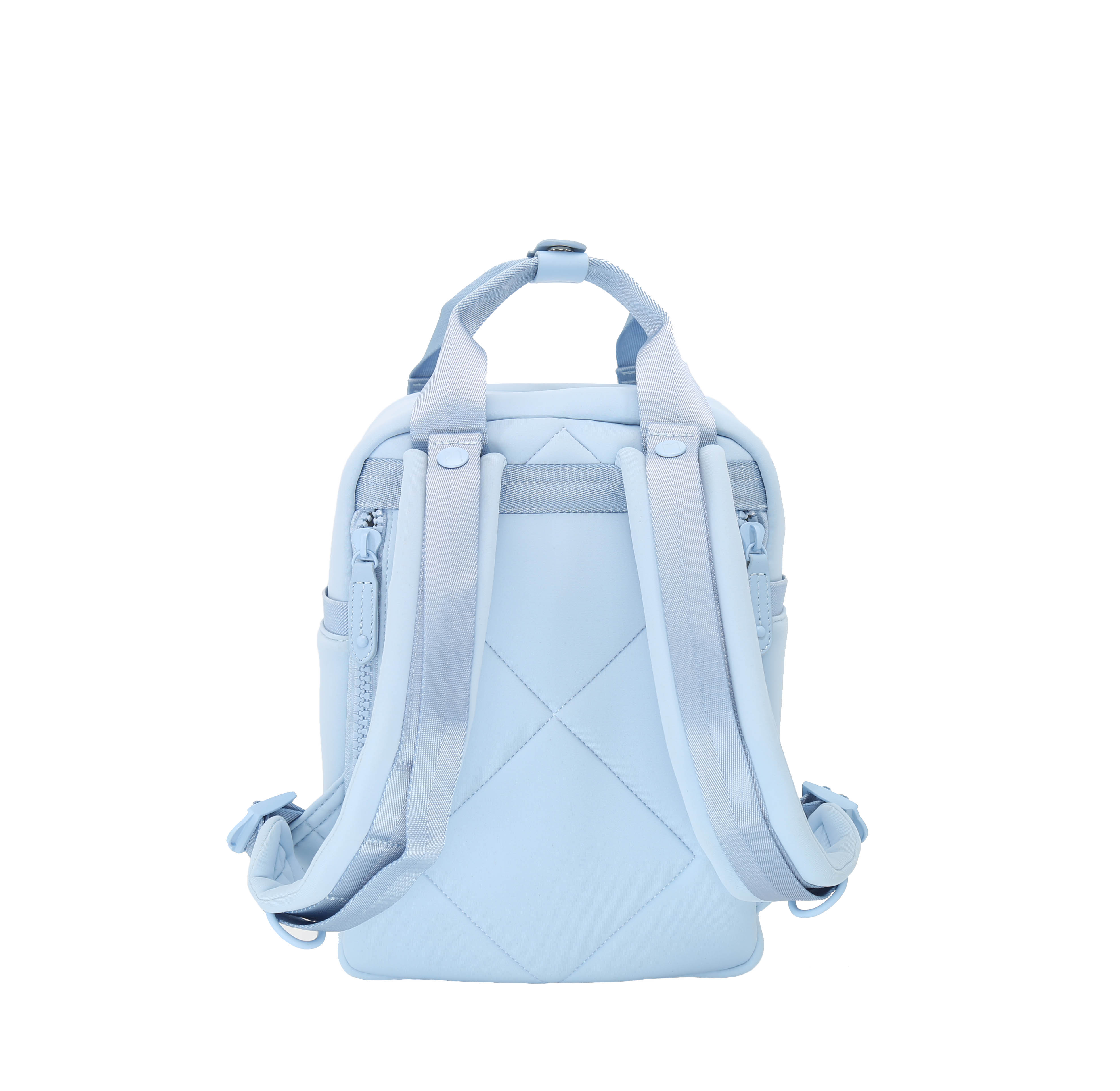 Cama Small Neoprene ELITE backpack in Powder Blue with leather details, showcasing its stylish design and organizational features.