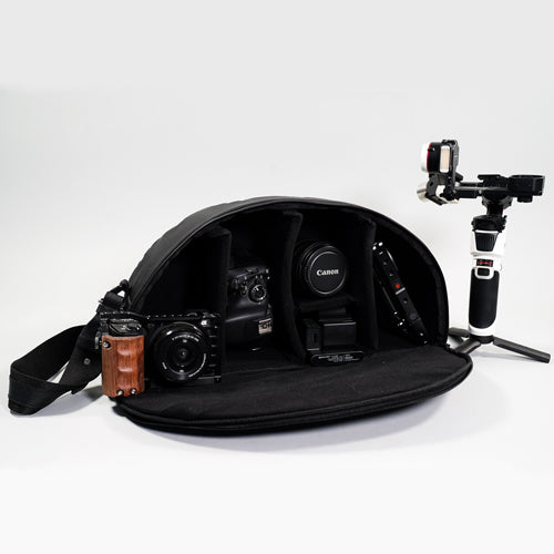 Wool & Oak Camera Cube showcasing premium quality design and organized compartments for camera gear.