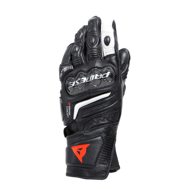 Dainese Carbon 4 Long Lady Leather Gloves showcasing goatskin material and carbon knuckle protectors, designed for women's motorcycle safety.