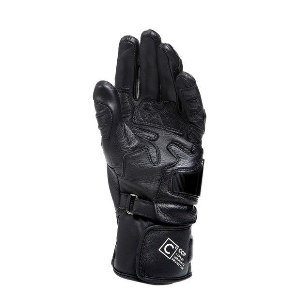 Dainese Carbon 4 Long Lady Leather Gloves showcasing goatskin material and carbon knuckle protectors, designed for women's motorcycle safety.