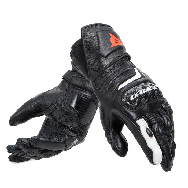 Dainese Carbon 4 Long Lady Leather Gloves showcasing goatskin material and carbon knuckle protectors, designed for women's motorcycle safety.