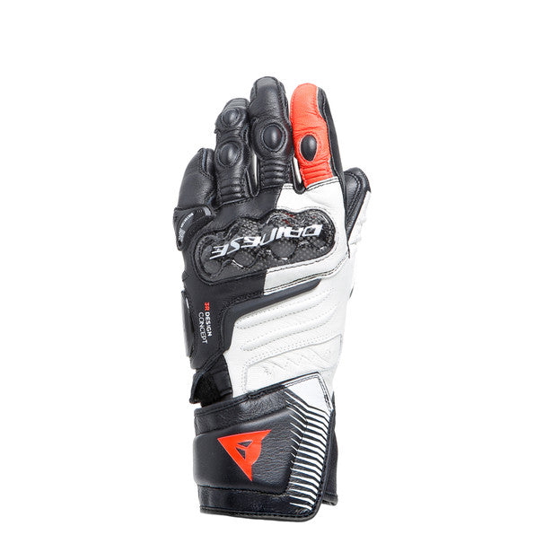 Dainese Carbon 4 Long Lady Leather Gloves showcasing goatskin material and carbon knuckle protectors, designed for women's motorcycle safety.