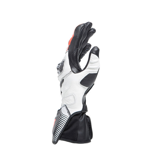 Dainese Carbon 4 Long Lady Leather Gloves showcasing goatskin material and carbon knuckle protectors, designed for women's motorcycle safety.