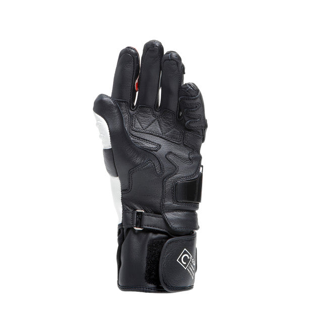 Dainese Carbon 4 Long Lady Leather Gloves showcasing goatskin material and carbon knuckle protectors, designed for women's motorcycle safety.