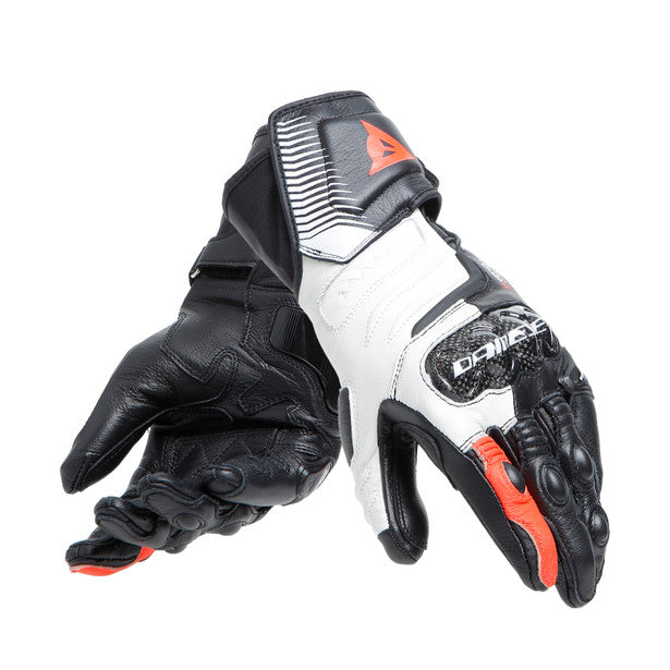 Dainese Carbon 4 Long Lady Leather Gloves showcasing goatskin material and carbon knuckle protectors, designed for women's motorcycle safety.