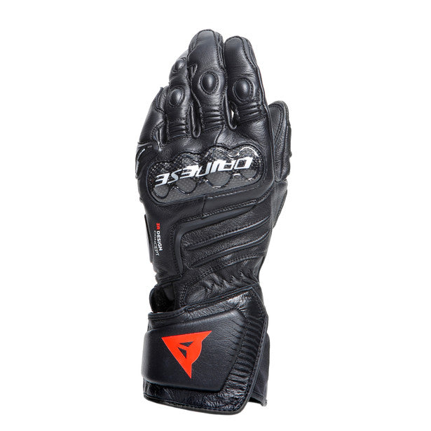 Dainese Carbon 4 long leather motorcycle gloves featuring ergonomic carbon knuckle protectors and goatskin construction.