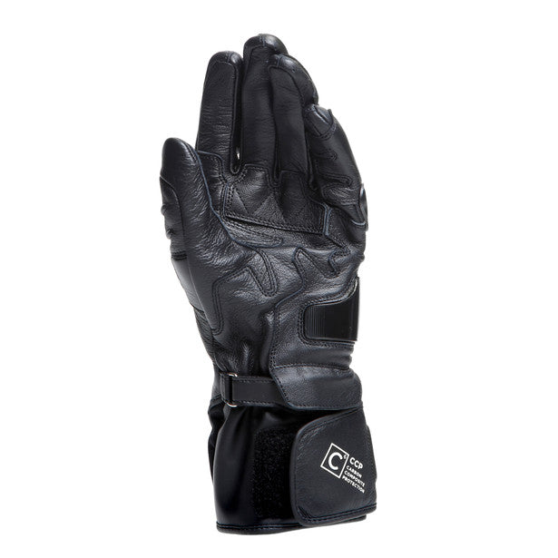 Dainese Carbon 4 long leather motorcycle gloves featuring ergonomic carbon knuckle protectors and goatskin construction.