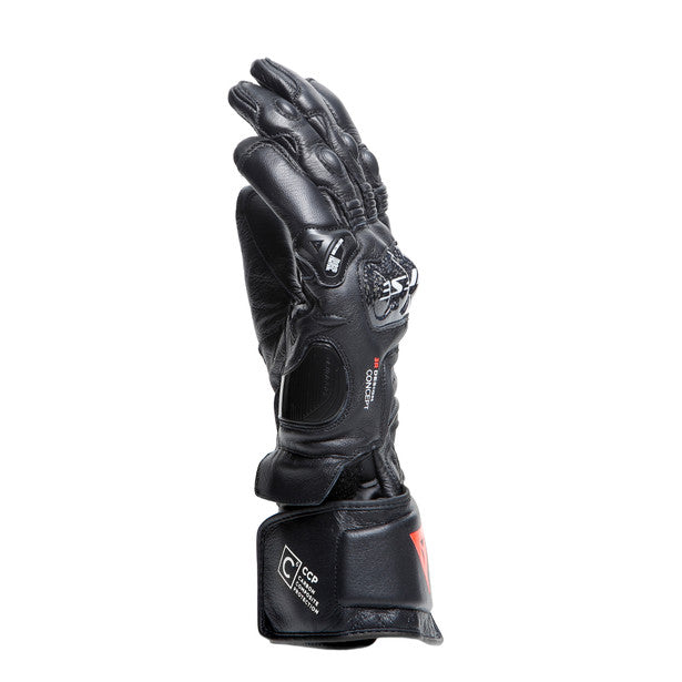 Dainese Carbon 4 long leather motorcycle gloves featuring ergonomic carbon knuckle protectors and goatskin construction.