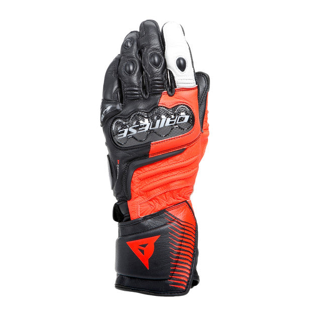 Dainese Carbon 4 long leather motorcycle gloves showcasing ergonomic design and carbon knuckle protectors.