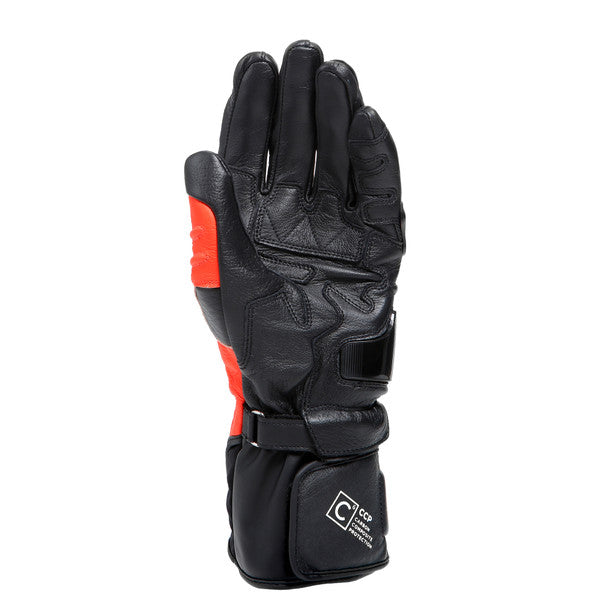 Dainese Carbon 4 long leather motorcycle gloves showcasing ergonomic design and carbon knuckle protectors.