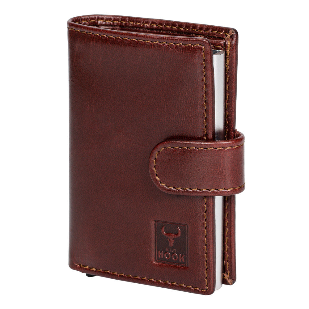 Card Swipe Wallet featuring a sleek metallic aluminum body and genuine leather accents, designed for style and security.