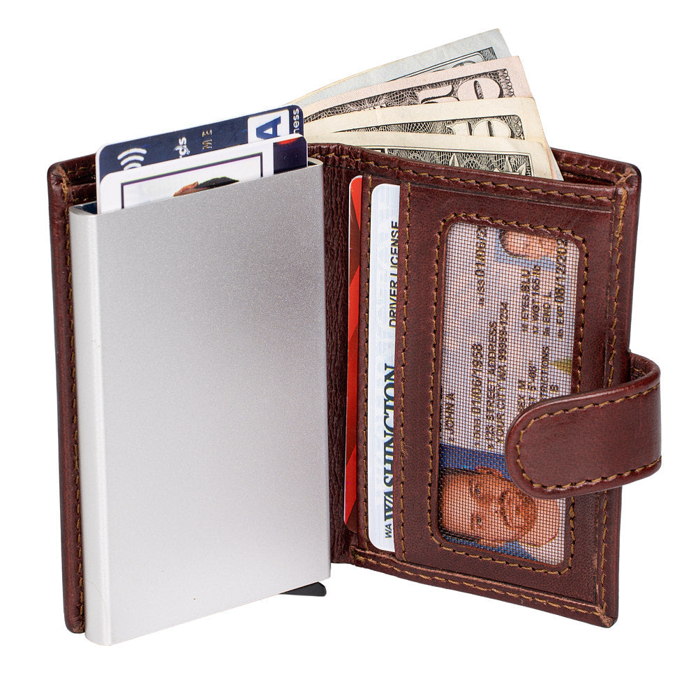 Card Swipe Wallet featuring a sleek metallic aluminum body and genuine leather accents, designed for style and security.