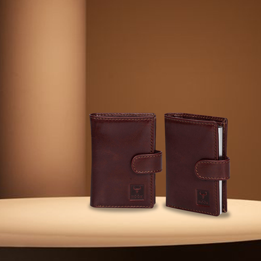 Card Swipe Wallet featuring a sleek metallic aluminum body and genuine leather accents, designed for style and security.