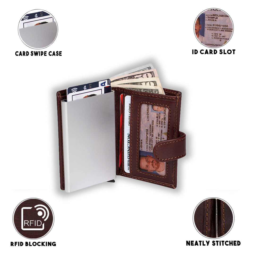 Card Swipe Wallet featuring a sleek metallic aluminum body and genuine leather accents, designed for style and security.