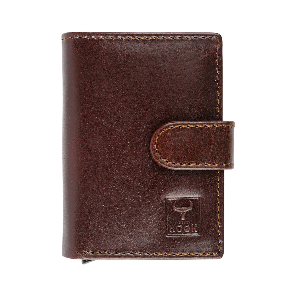 Card Swipe Wallet featuring a sleek metallic aluminum body and genuine leather accents, designed for style and security.