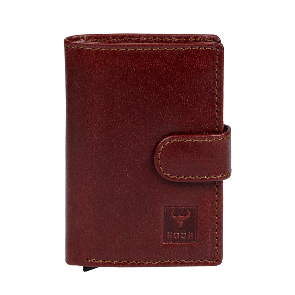 Card Swipe Wallet featuring a sleek metallic aluminum body and genuine leather accents, designed for style and security.