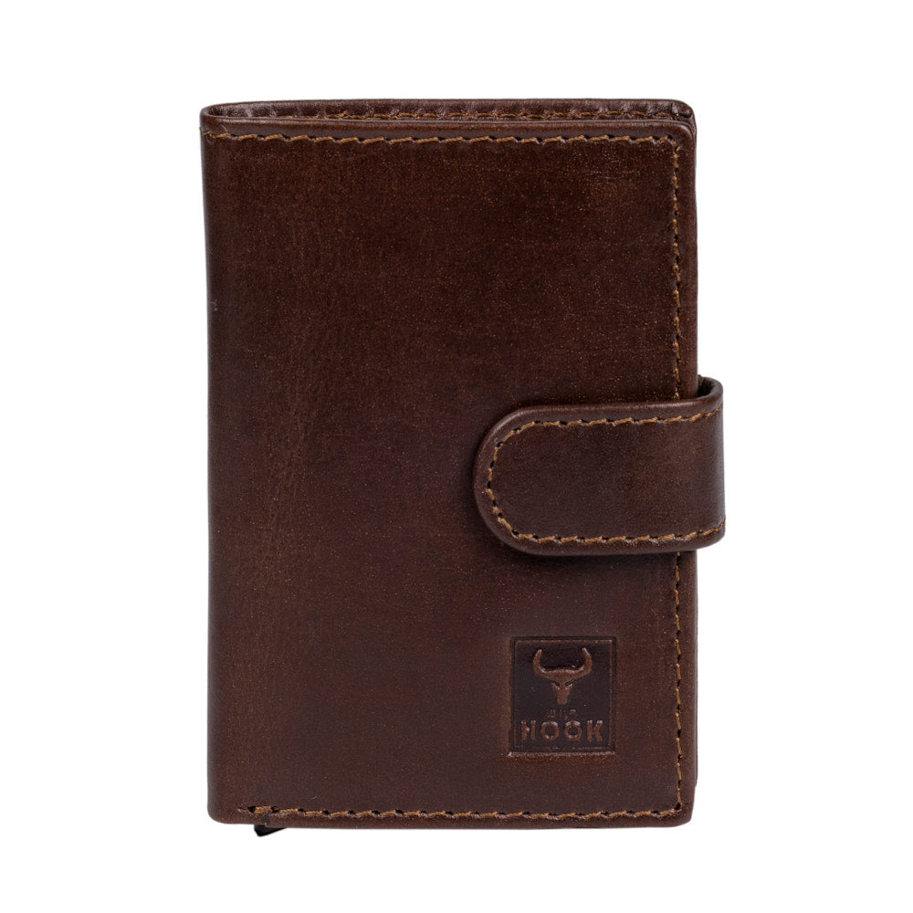 Card Swipe Wallet featuring a sleek metallic aluminum body and genuine leather accents, designed for style and security.