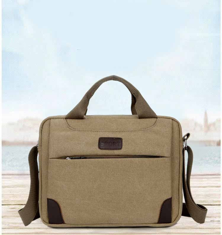 Casual Canvas Men's High Quality Messenger Bag in horizontal square shape with zipper opening and single strap.