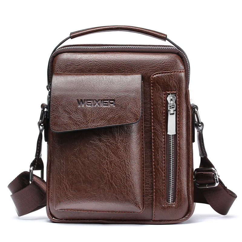 Casual Portable Men's Small Messenger Bag made of PU leather, featuring a zipper closure and a single telescopic handle, ideal for everyday use.