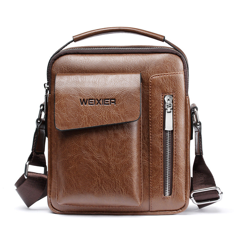 Casual Portable Men's Small Messenger Bag made of PU leather, featuring a zipper closure and a single telescopic handle, ideal for everyday use.