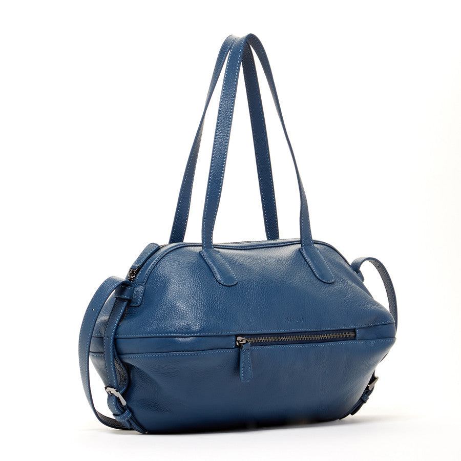 Catherine Blue Leather Satchel Bag featuring genuine pebble leather, light gold hardware, and a spacious interior with multiple pockets.