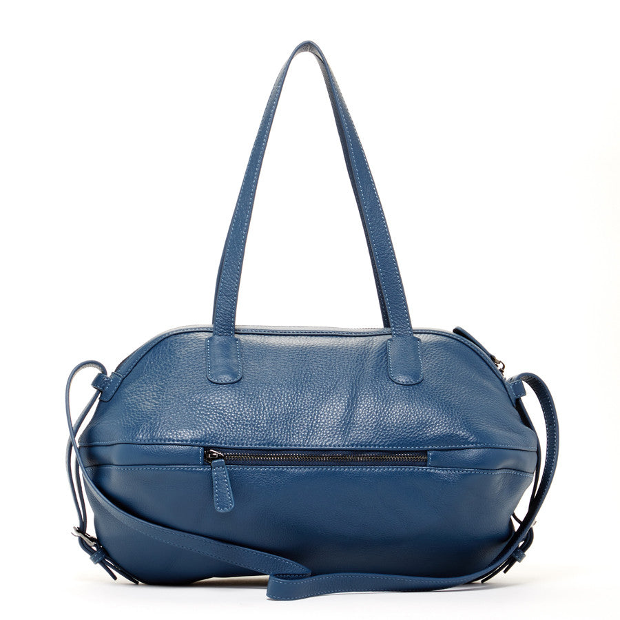 Catherine Blue Leather Satchel Bag featuring genuine pebble leather, light gold hardware, and a spacious interior with multiple pockets.