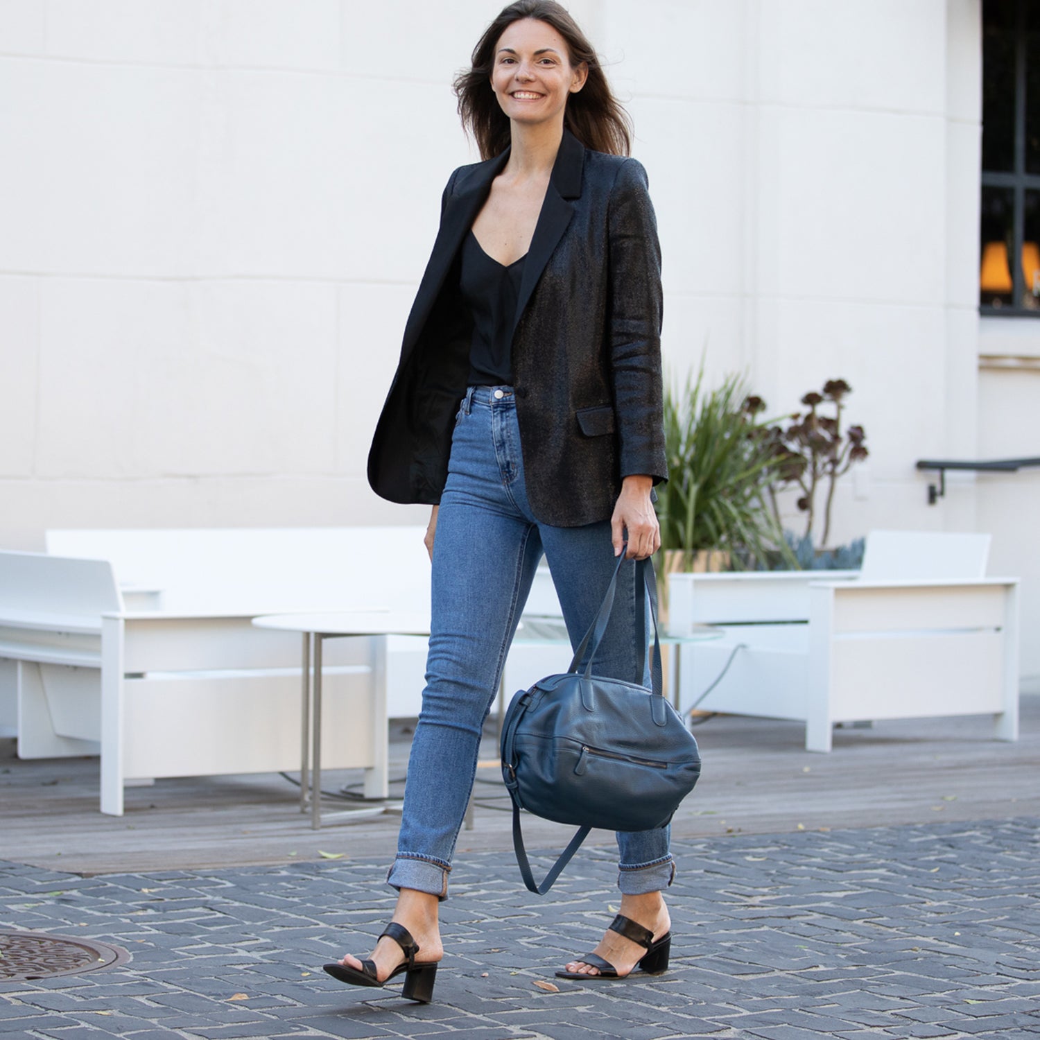 Catherine Blue Leather Satchel Bag featuring genuine pebble leather, light gold hardware, and a spacious interior with multiple pockets.