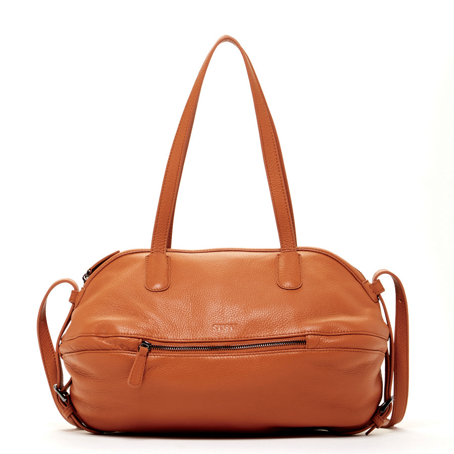 Catherine Leather Satchel Bag in Brown with double top handle and crossbody strap, featuring a spacious interior and light gold hardware.