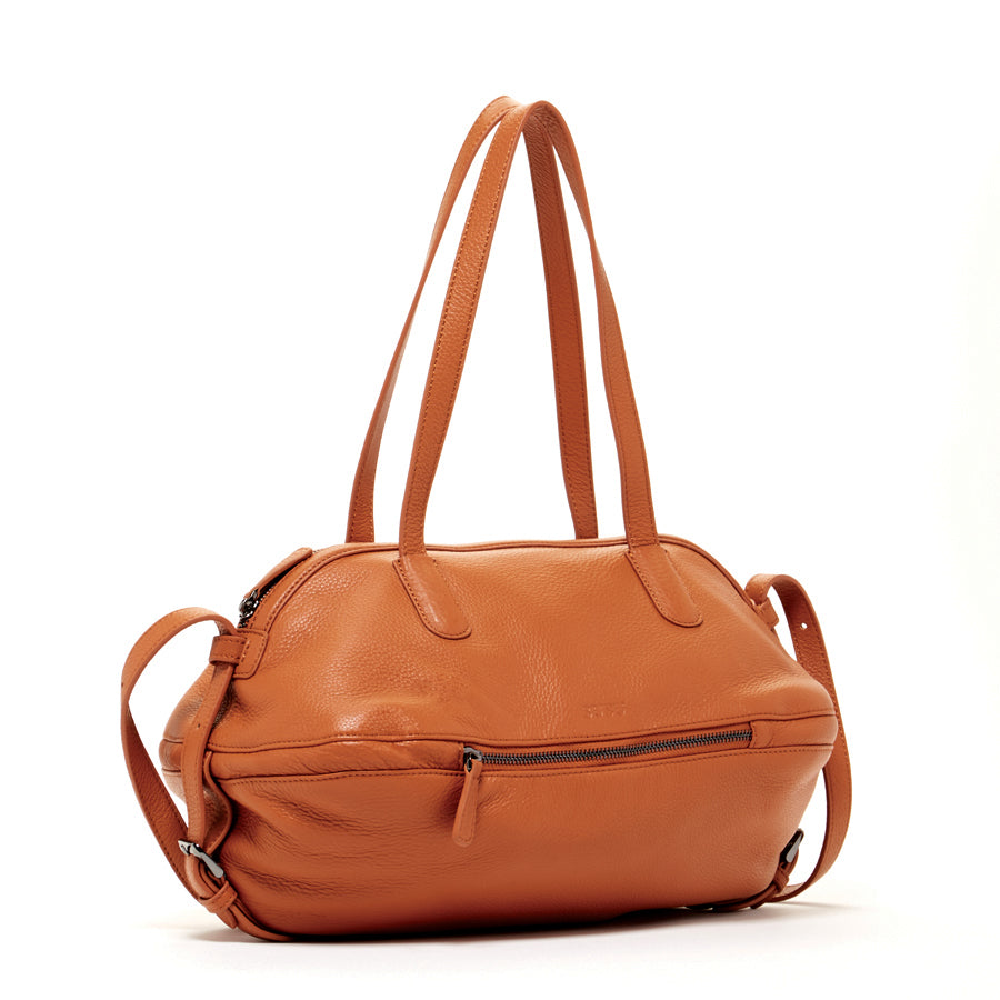 Catherine Leather Satchel Bag in Brown with double top handle and crossbody strap, featuring a spacious interior and light gold hardware.