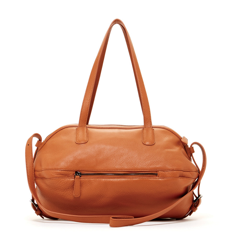 Catherine Leather Satchel Bag in Brown with double top handle and crossbody strap, featuring a spacious interior and light gold hardware.