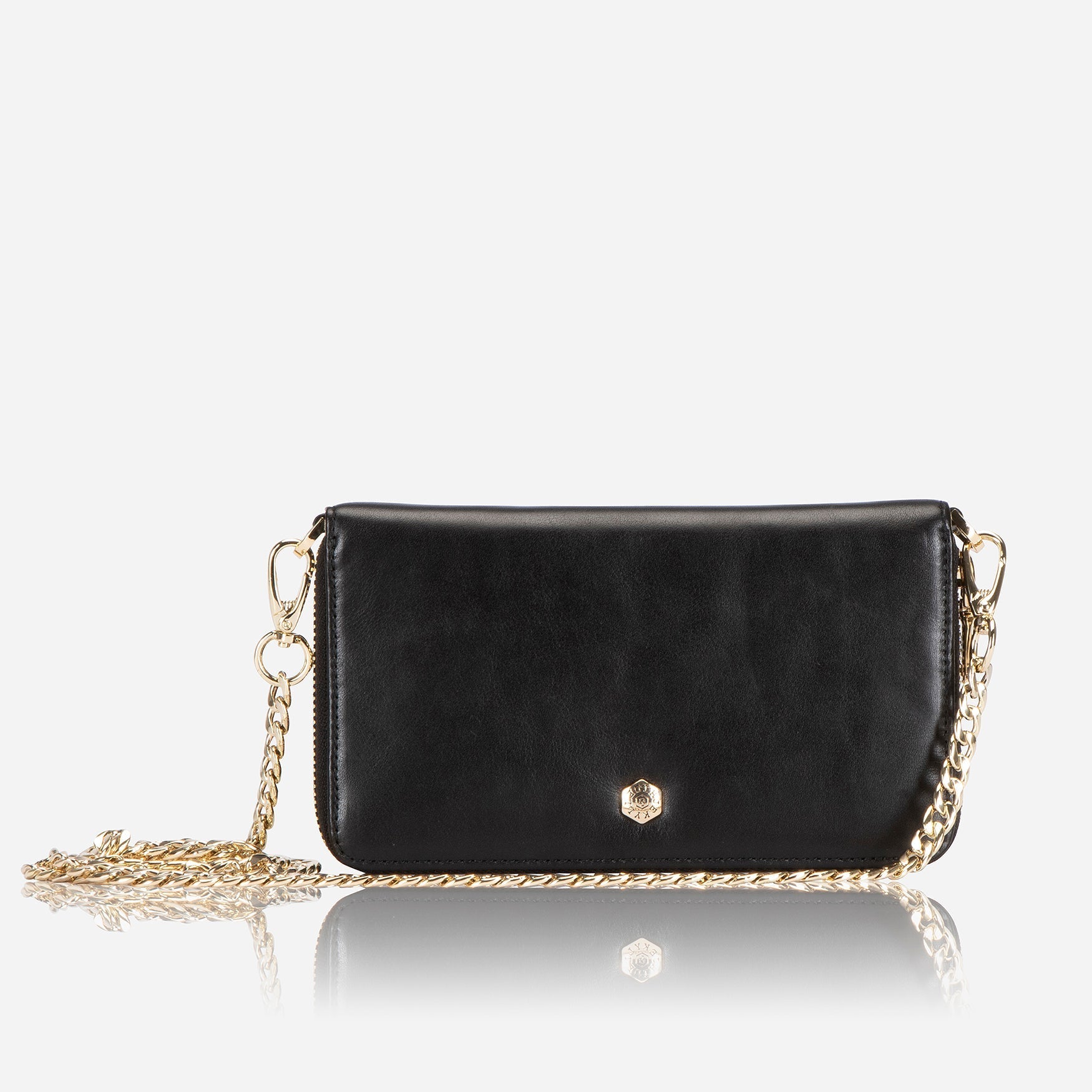 A stylish black chain purse hanging elegantly, showcasing its sleek design and functional storage.