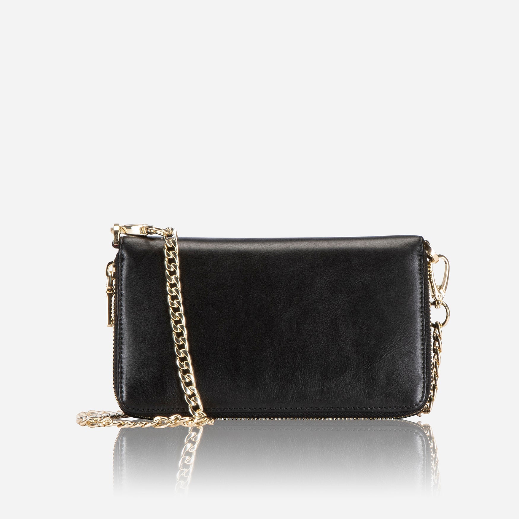 A stylish black chain purse hanging elegantly, showcasing its sleek design and functional storage.