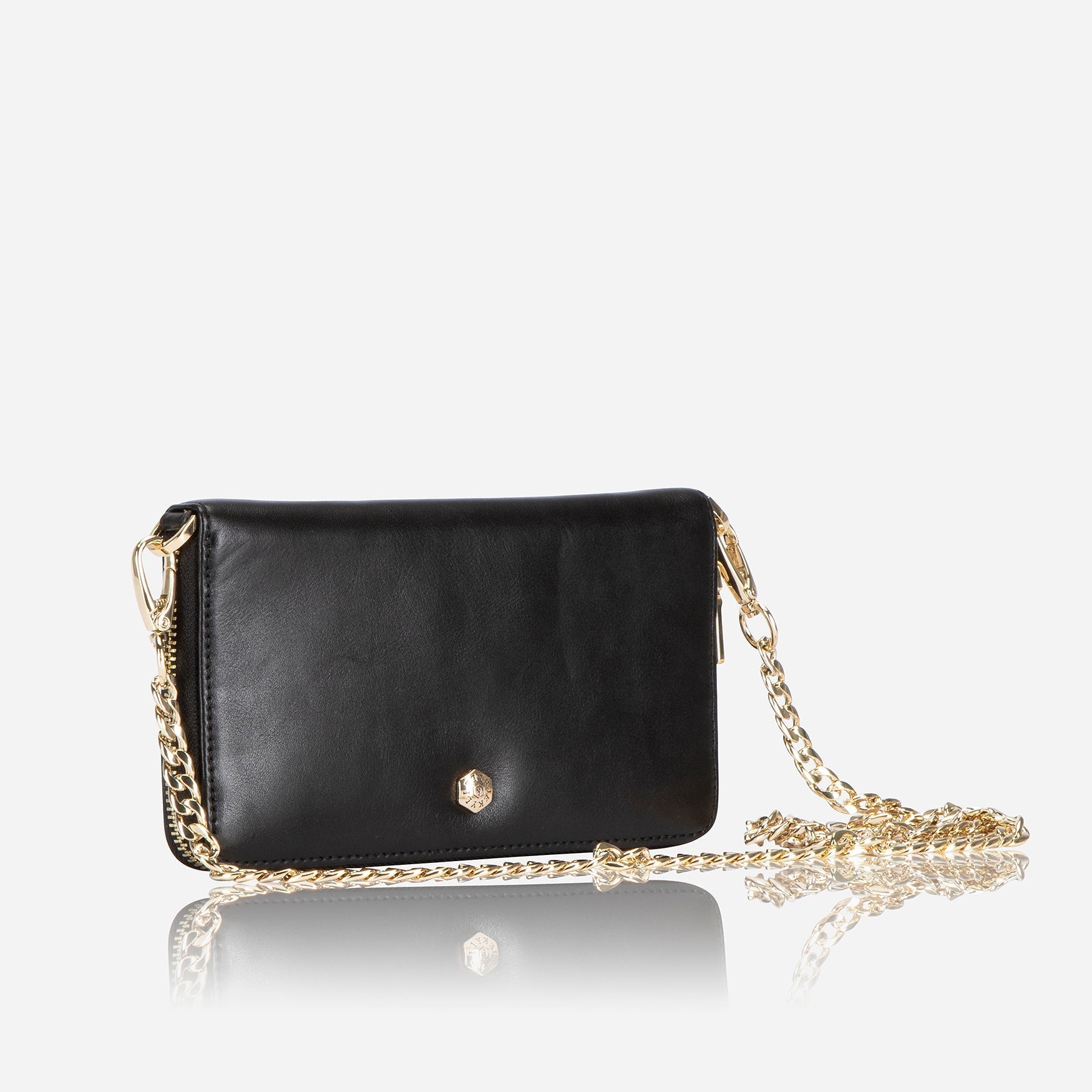 A stylish black chain purse hanging elegantly, showcasing its sleek design and functional storage.